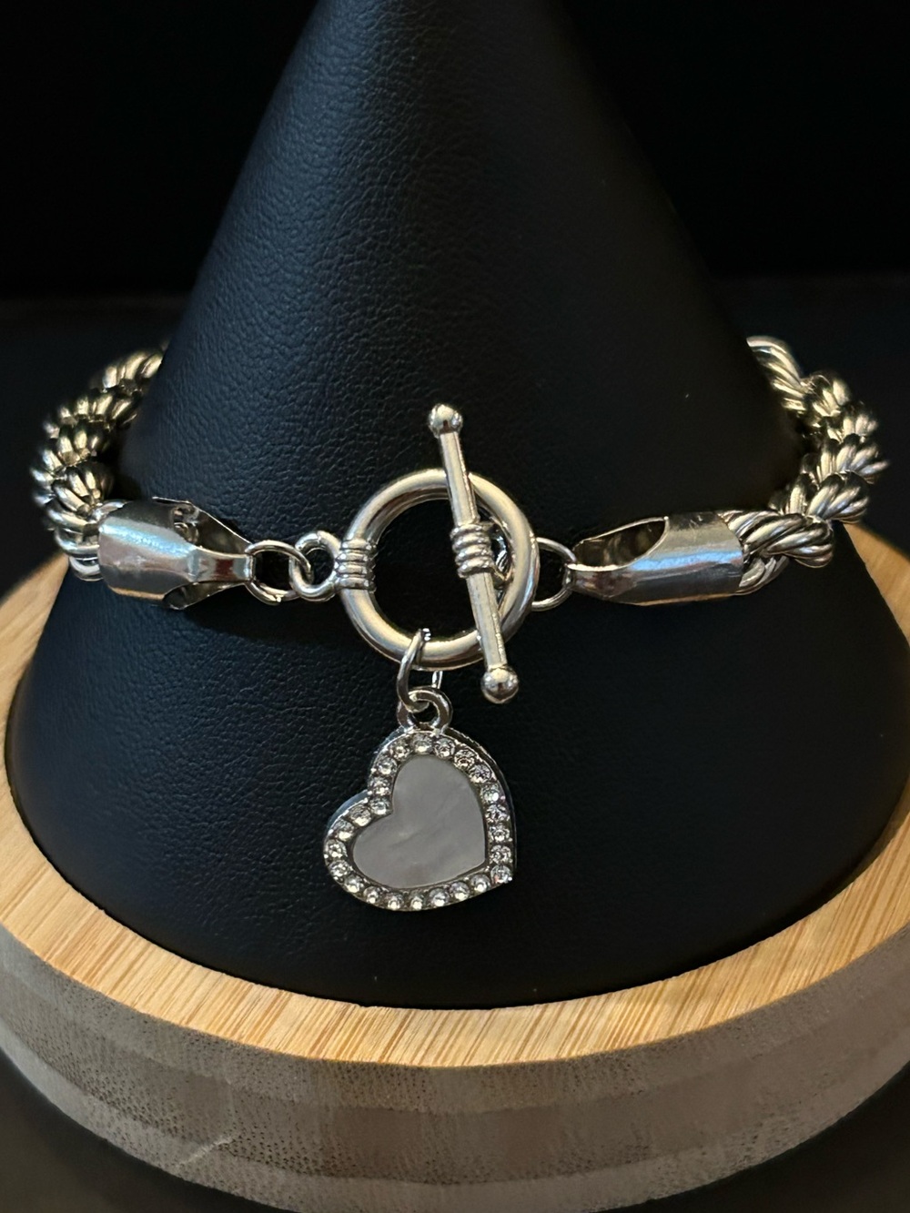 Ella 4mm Silver Rope Bracelet with Silver Heart Charm and Toggle Clasp 8” Inch